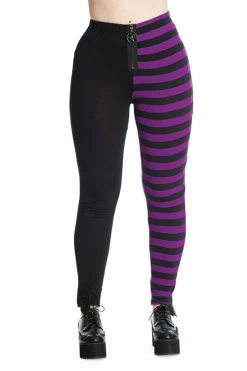 Banned Half Black Half Stripe Leggings In Black & Purple