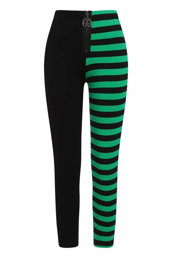 Banned Half Black Half Stripe Leggings In Black & Green 2 Banned Half Black Half Stripe Leggings In Black & Green - Image 2