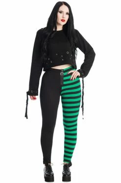 Banned Half Black Half Stripe Leggings In Black & Green