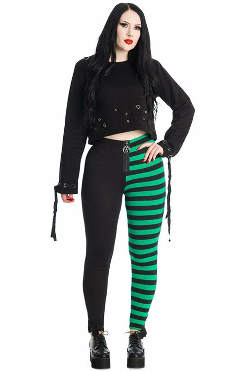 Banned Half Black Half Stripe Leggings In Black & Green 1 Banned Half Black Half Stripe Leggings In Black & Green