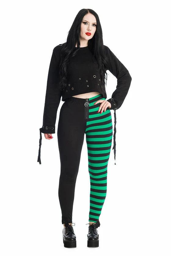 Banned Half Black Half Stripe Leggings In Black & Green 6 Banned Half Black Half Stripe Leggings In Black & Green - Image 6