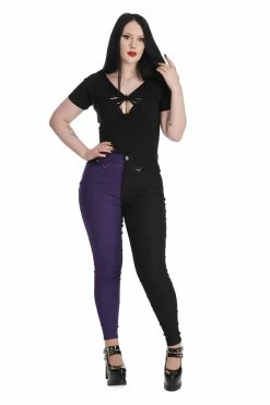 Banned Bailey Half And Half Stretch Skinny Trousers In Purple And Black -Timeless London Shop 1659026480TR31155BLKPURPLE 2 560x