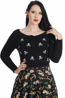 Banned Anchor Pin Up Jumper In Black Pirate Skulls Back Embroidery