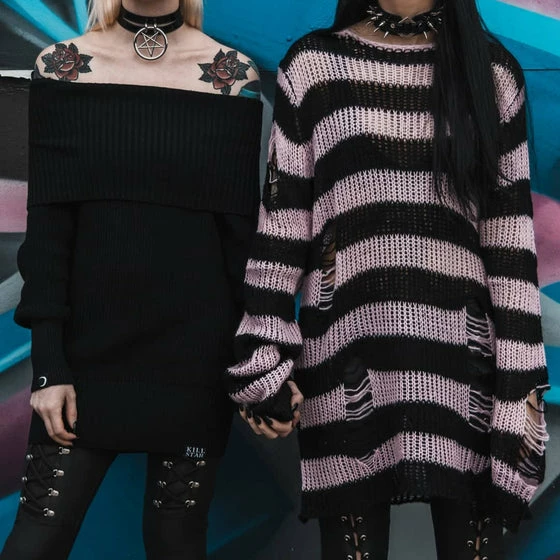 Killstar Courtney Punk Knit Sweater Black And Pink 2 Killstar Courtney Punk Knit Sweater Black And Pink - Image 2