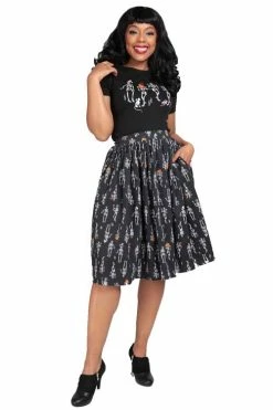 Collectif Jasmine Swing Skirt In Skeleton Boo-Gie Halloween Party Time