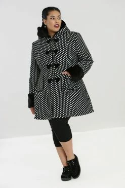 Hell Bunny Amelia Coat In Black And White Polkadot -Timeless London Shop AmeliaCoat B W FP 560x