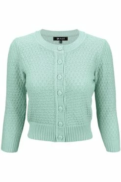 MAK Sweaters Chunky Vintage Knit Cardigan With 3/4 Sleeves In Aqua (Mint)