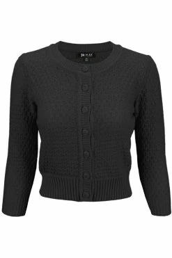 MAK Sweaters Chunky Vintage Knit Cardigan With 3/4 Sleeves In Black