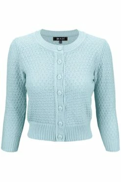 MAK Sweaters Chunky Vintage Knit Cardigan With 3/4 Sleeves In Light Blue