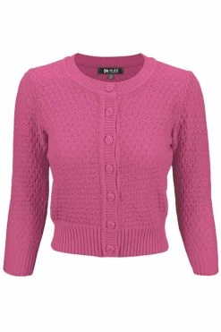 MAK Sweaters Chunky Vintage Knit Cardigan With 3/4 Sleeves In Magenta