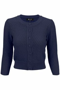 MAK Sweaters Chunky Vintage Knit Cardigan With 3/4 Sleeves In Navy