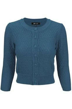 MAK Sweaters Chunky Vintage Knit Cardigan With 3/4 Sleeves In Teal