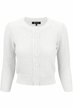 MAK Sweaters Chunky Vintage Knit Cardigan With 3/4 Sleeves In White