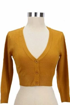 MAK Sweaters Cropped Cardigan With 3/4 Sleeves In Bronze (Mustard) -Timeless London Shop CropLS BRZ F fe3f1fde 87aa 413d 8dd2 dbc763337b40 560x