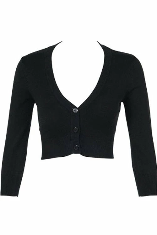 MAK Sweaters Cropped Cardigan With 3/4 Sleeves In Black 2 MAK Sweaters Cropped Cardigan With 3/4 Sleeves In Black - Image 2