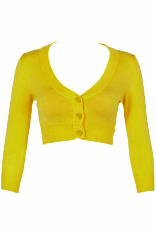 MAK Sweaters Cropped Cardigan With 3/4 Sleeves In Honey Yellow 2 MAK Sweaters Cropped Cardigan With 3/4 Sleeves In Honey Yellow - Image 2