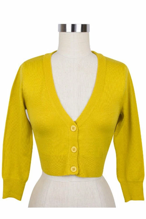 MAK Sweaters Cropped Cardigan With 3/4 Sleeves In Honey Yellow 3 MAK Sweaters Cropped Cardigan With 3/4 Sleeves In Honey Yellow - Image 3