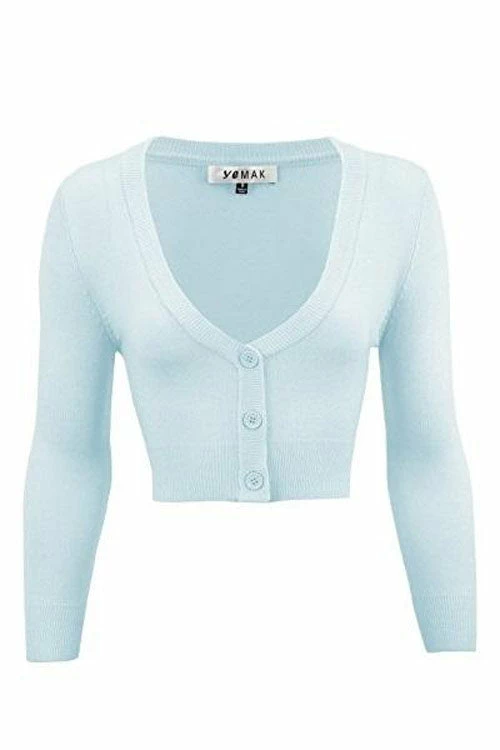 MAK Sweaters Cropped Cardigan With 3/4 Sleeves In Light Blue 1 MAK Sweaters Cropped Cardigan With 3/4 Sleeves In Light Blue