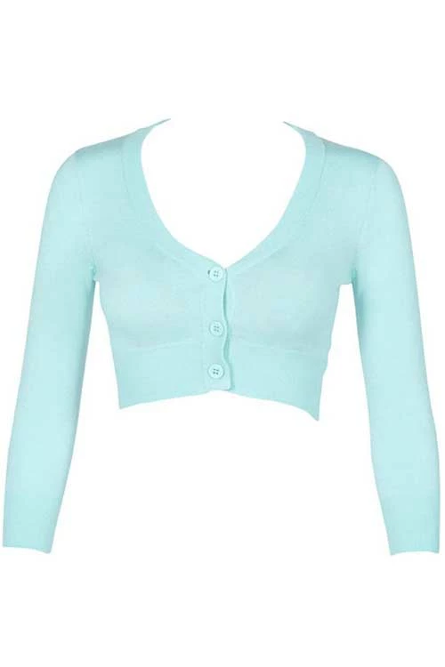 MAK Sweaters Cropped Cardigan With 3/4 Sleeves In Light Blue 2 MAK Sweaters Cropped Cardigan With 3/4 Sleeves In Light Blue - Image 2