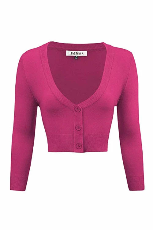 MAK Sweaters Cropped Cardigan With 3/4 Sleeves In Magenta 1 MAK Sweaters Cropped Cardigan With 3/4 Sleeves In Magenta