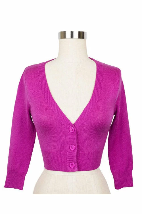 MAK Sweaters Cropped Cardigan With 3/4 Sleeves In Magenta 5 MAK Sweaters Cropped Cardigan With 3/4 Sleeves In Magenta - Image 5