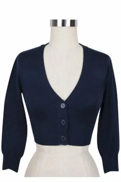 MAK Sweaters Cropped Cardigan With 3/4 Sleeves In Navy -Timeless London Shop CropLS NVY F c4f60b56 1f21 408f aae0 167c4f0587bd 560x