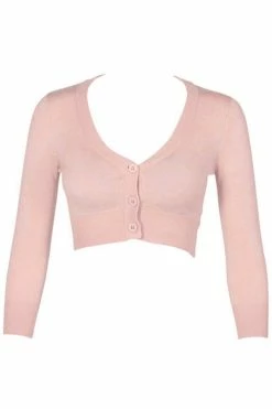 MAK Sweaters Cropped Cardigan With 3/4 Sleeves In Peach Beige -Timeless London Shop CropLS PBG F2 560x