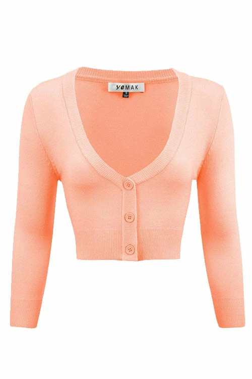 MAK Sweaters Cropped Cardigan With 3/4 Sleeves In Peach 1 MAK Sweaters Cropped Cardigan With 3/4 Sleeves In Peach