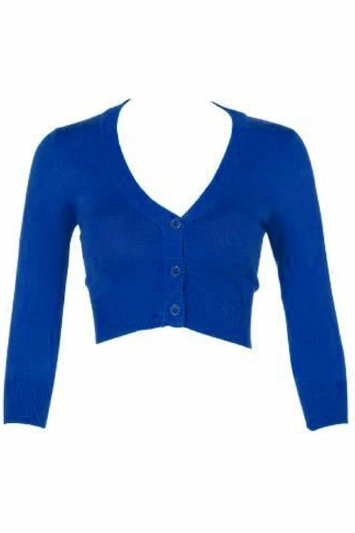 MAK Sweaters Cropped Cardigan With 3/4 Sleeves In Royal Blue 2 MAK Sweaters Cropped Cardigan With 3/4 Sleeves In Royal Blue - Image 2
