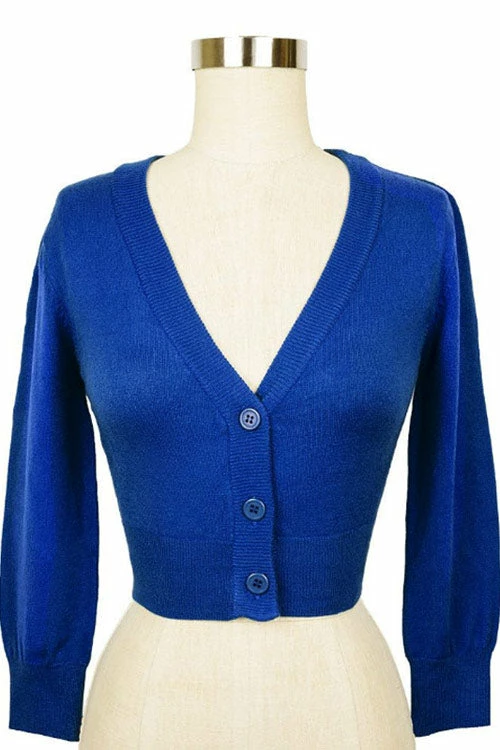 MAK Sweaters Cropped Cardigan With 3/4 Sleeves In Royal Blue 3 MAK Sweaters Cropped Cardigan With 3/4 Sleeves In Royal Blue - Image 3