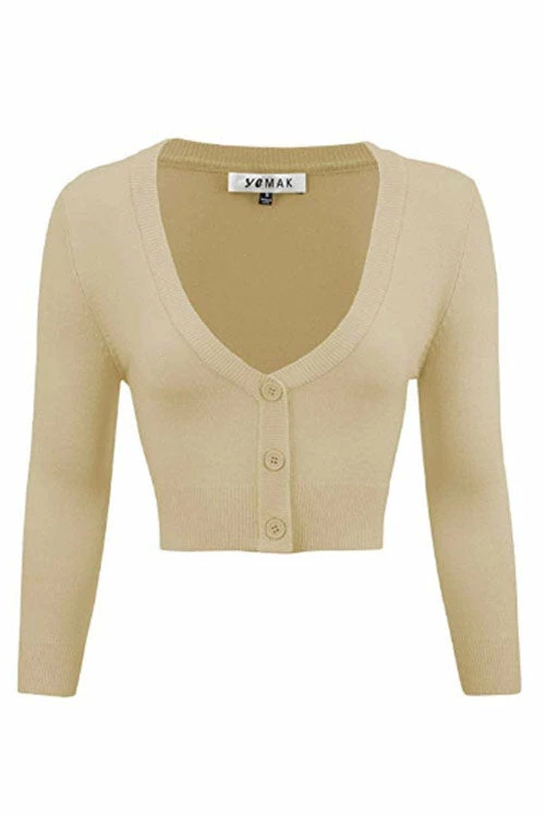 MAK Sweaters Cropped Cardigan With 3/4 Sleeves In Sand/Taupe 1 MAK Sweaters Cropped Cardigan With 3/4 Sleeves In Sand/Taupe