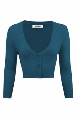MAK Sweaters Cropped Cardigan With 3/4 Sleeves In Teal Blue