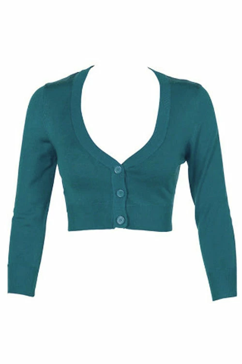MAK Sweaters Cropped Cardigan With 3/4 Sleeves In Teal Blue 2 MAK Sweaters Cropped Cardigan With 3/4 Sleeves In Teal Blue - Image 2