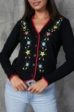 Timeless London Floral Embroidered Cardigan In Black With Red Trim -Timeless London Shop FloralEmbroiderCardi Blk CUR 560x
