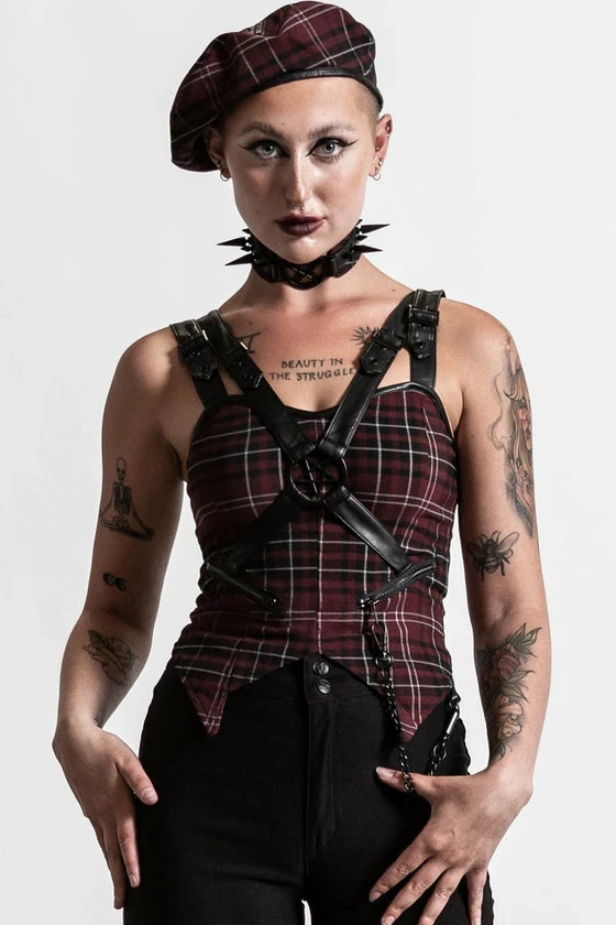 Killstar Jaded Strap Top In Blood Tartan 3 Killstar Jaded Strap Top In Blood Tartan - Image 3