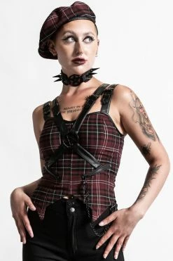 Killstar Jaded Strap Top In Blood Tartan
