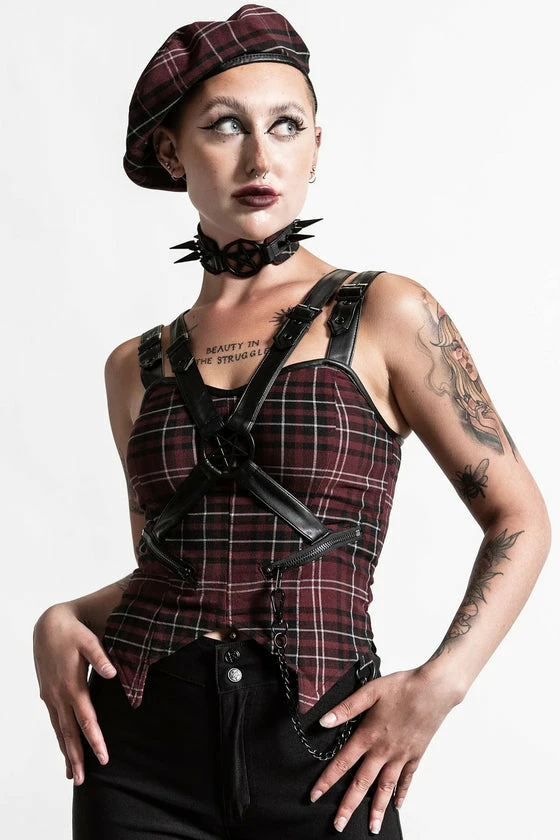Killstar Jaded Strap Top In Blood Tartan 1 Killstar Jaded Strap Top In Blood Tartan