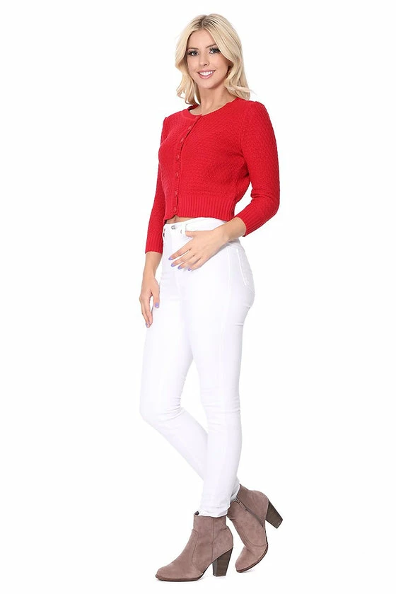 MAK Sweaters Chunky Vintage Knit Cardigan With 3/4 Sleeves In Red 4 MAK Sweaters Chunky Vintage Knit Cardigan With 3/4 Sleeves In Red - Image 4