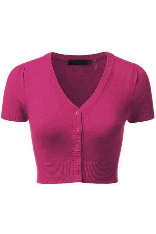 MAK Sweaters Cropped Cardigan With Short Sleeves In Magenta 2 MAK Sweaters Cropped Cardigan With Short Sleeves In Magenta - Image 2