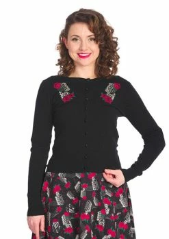 Banned Nashville Singing Rose Vintage Inspired Embroidered Cardigan In Black With Microphone Detailing -Timeless London Shop NashvilleCardi 1 560x