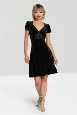 Hell Bunny Morticia Mid Dress Black Velvet With Rhinestone Web Design -Timeless London Shop hlb40276 morticia dress blk 03 1 1 560x