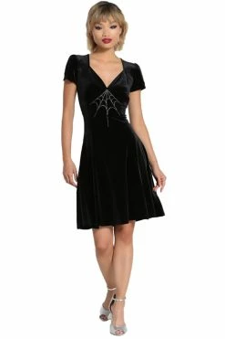 Hell Bunny Morticia Mid Dress Black Velvet With Rhinestone Web Design