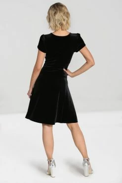 Hell Bunny Morticia Mid Dress Black Velvet With Rhinestone Web Design -Timeless London Shop hlb40276 morticia dress blk 04 1 1 560x