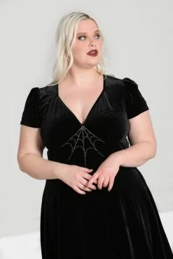 Hell Bunny Morticia Mid Dress Black Velvet With Rhinestone Web Design -Timeless London Shop hlb40276p morticia dress blk 02 560x