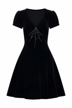 Hell Bunny Morticia Mid Dress Black Velvet With Rhinestone Web Design -Timeless London Shop hlb40276z morticia dress blk 10 1 1 560x
