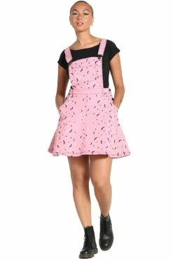 Hell Bunny Bat Pinafore Dress In Pink Embroidered Pattern